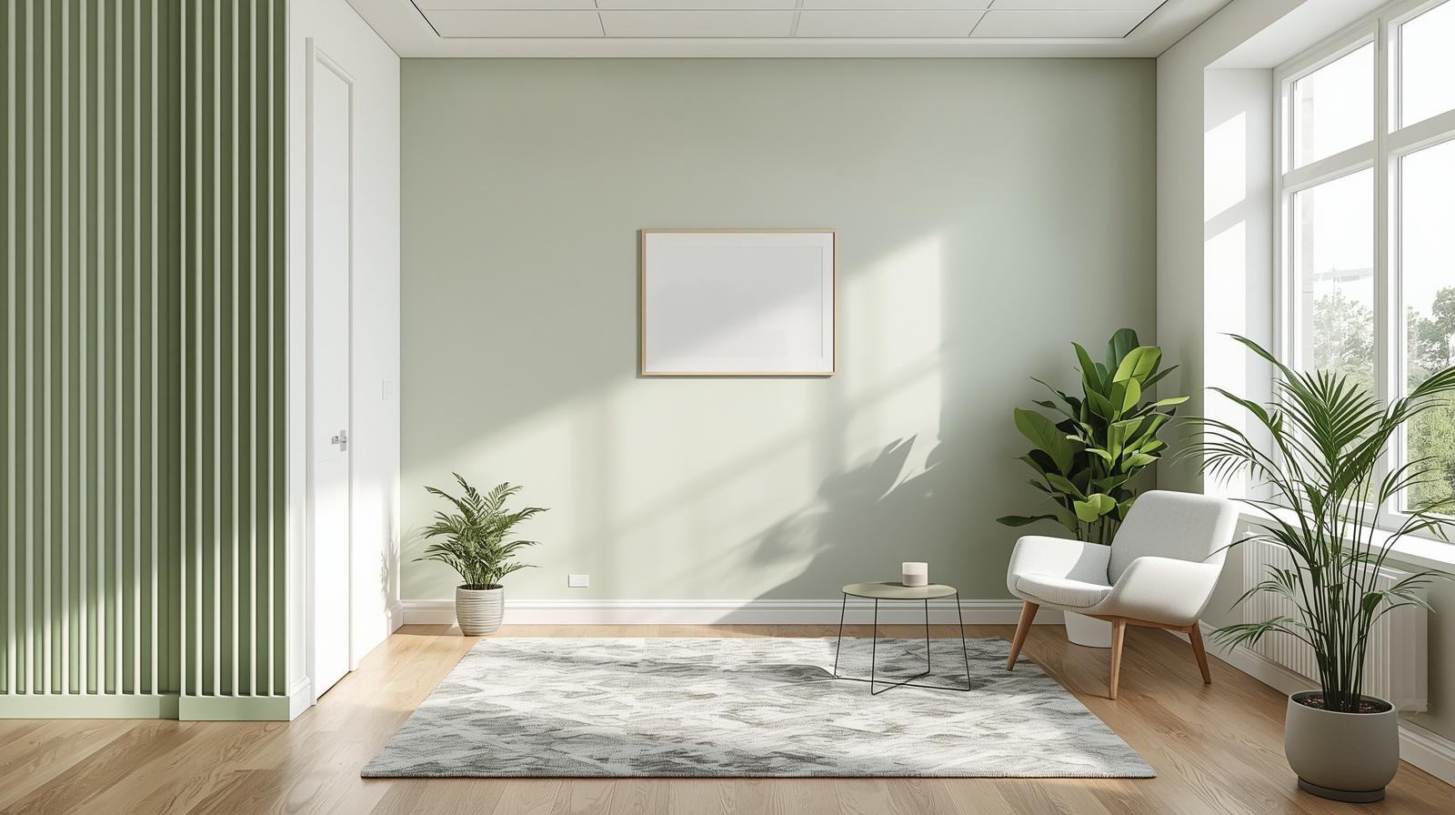 Interiorul cabinetului - cameră luminoasă cu plante și culori verde deschis